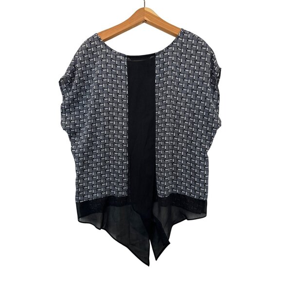 Zac & Rachel Women Blouse XL Black Geometric Print Asymmetric Modern Mixed Media - Picture 2 of 9